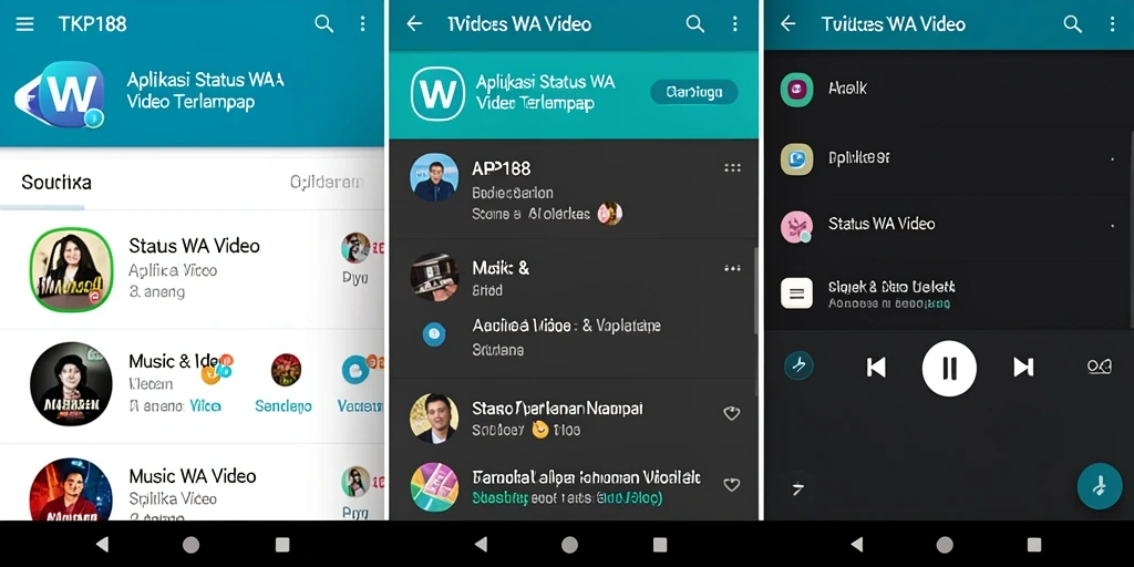 Antarmuka aplikasi TKP188 dengan pilihan Status WA Video menarik.